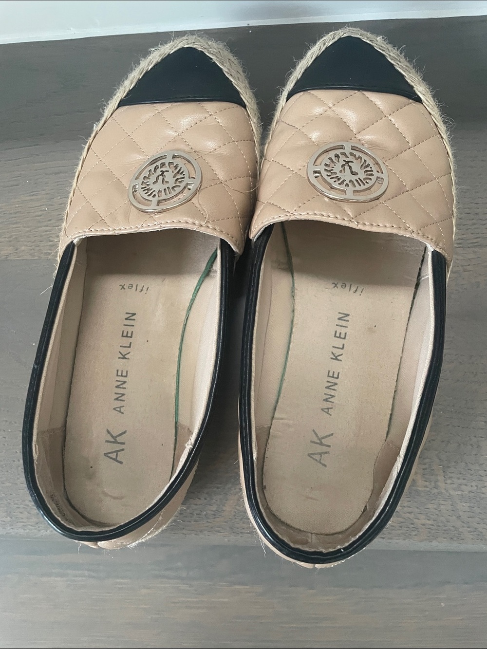Anne Klein Beige Quilted Slip-On Flats with Black Cap Toe